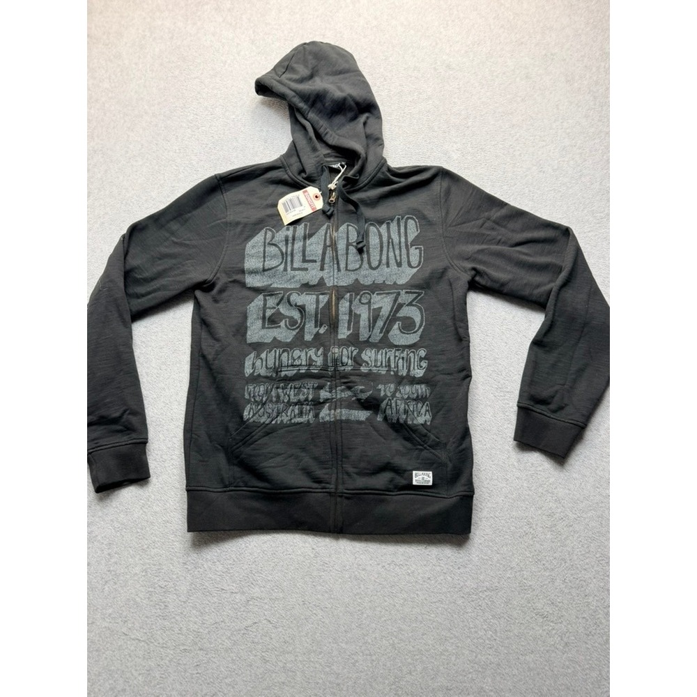Billabong Mens Full Zip Graphic Hoodie Black Surf Est 1973 Sweatshirt Medium